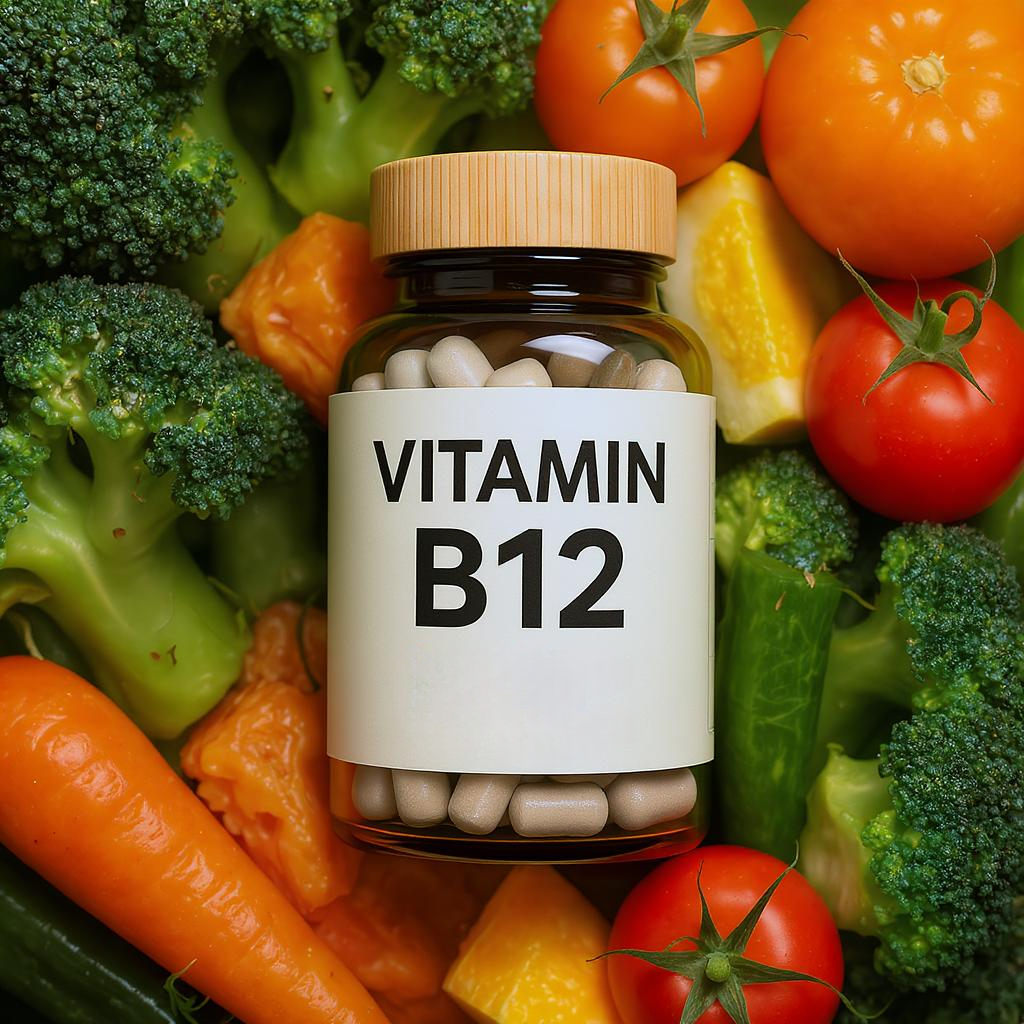 A bottle of Vitamin B12 supplements, essential for a vegan diet.