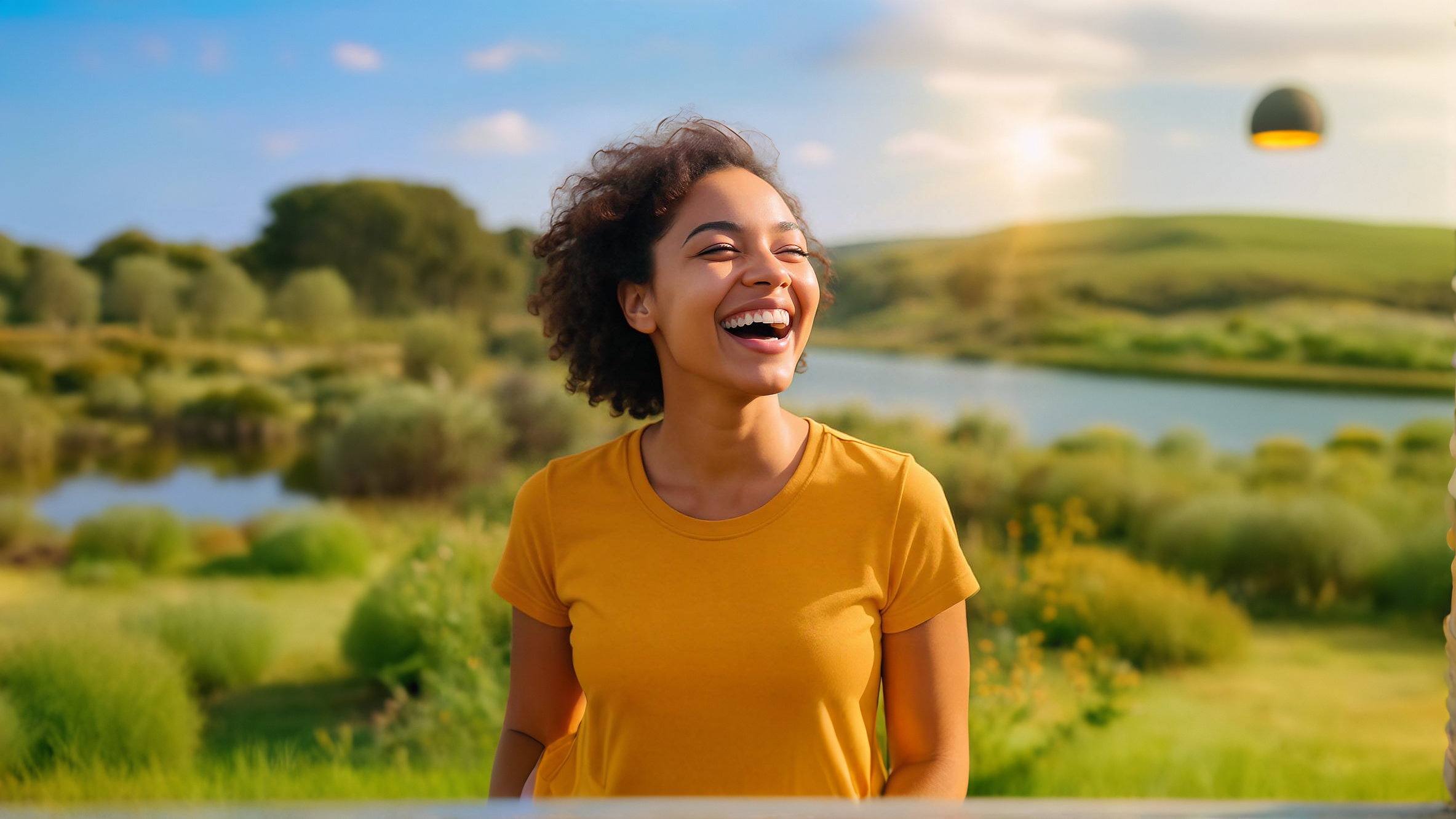 A person feeling vibrant and energetic, standing in a sunlit natural landscape.