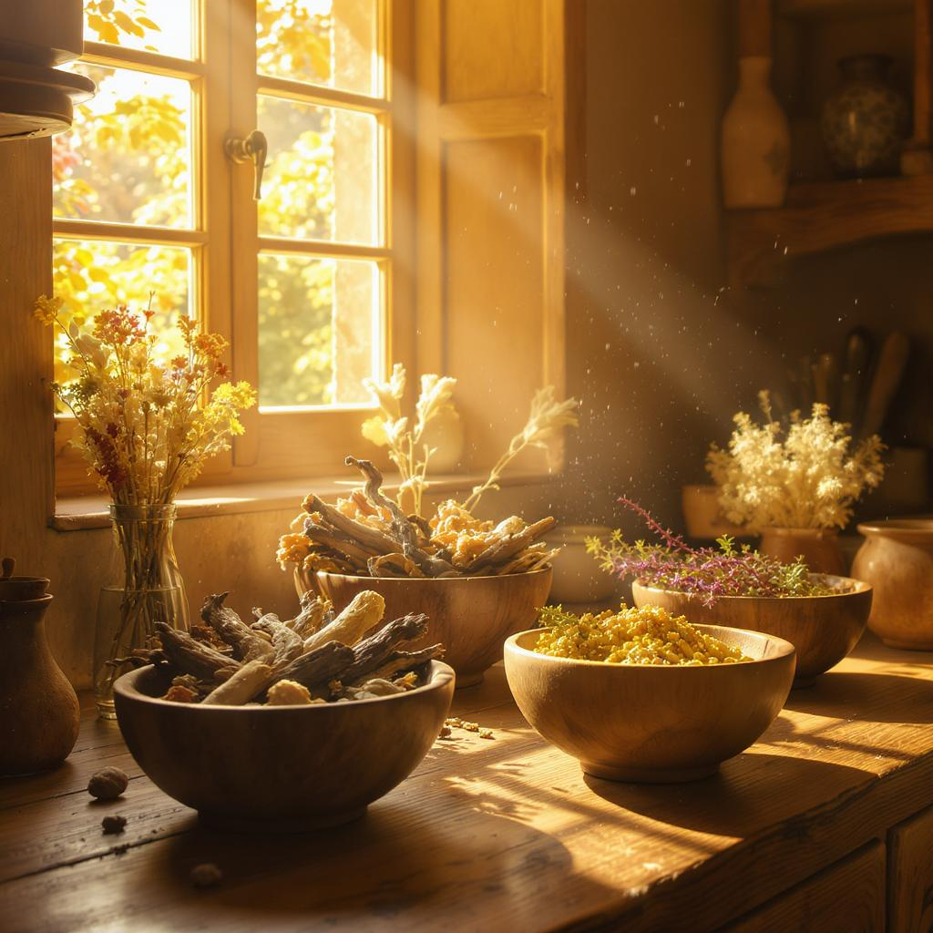 Dried adaptogenic herbs like Ashwagandha root and Rhodiola in wooden bowls.