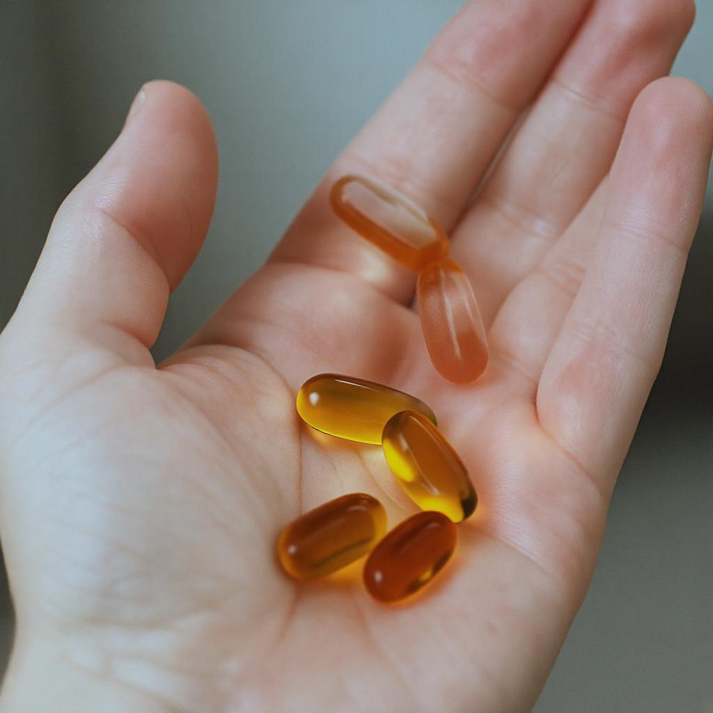 Close-up of Vitamin D3 supplement softgels in a person's hand.
