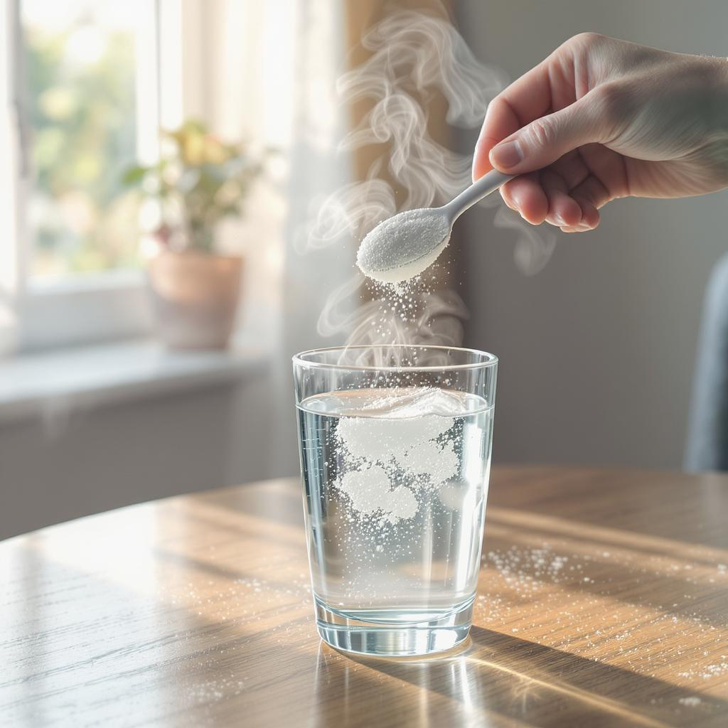 Collagen peptide powder being stirred into a glass of water.