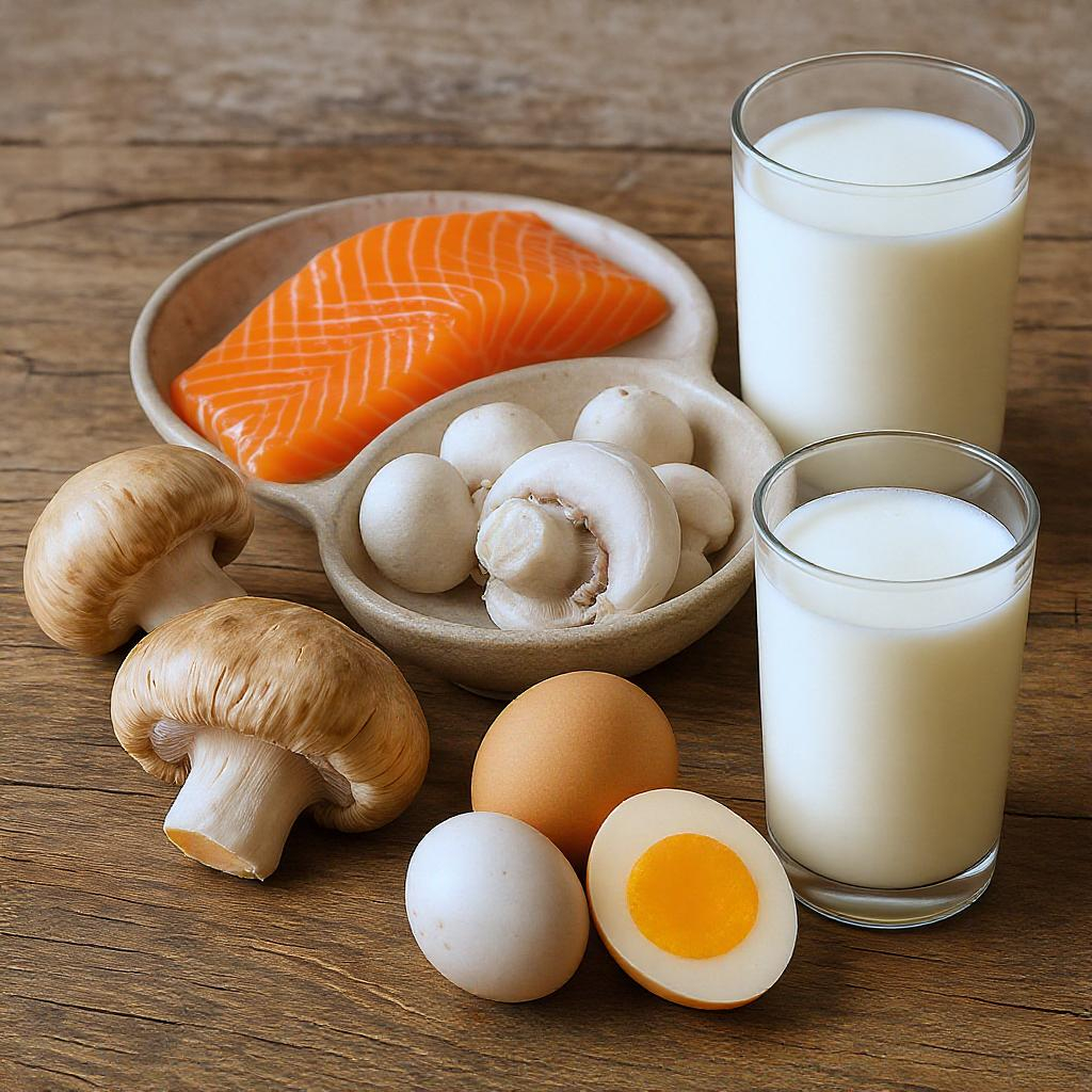 A variety of Vitamin D rich foods including salmon, eggs, mushrooms, and fortified milk.
