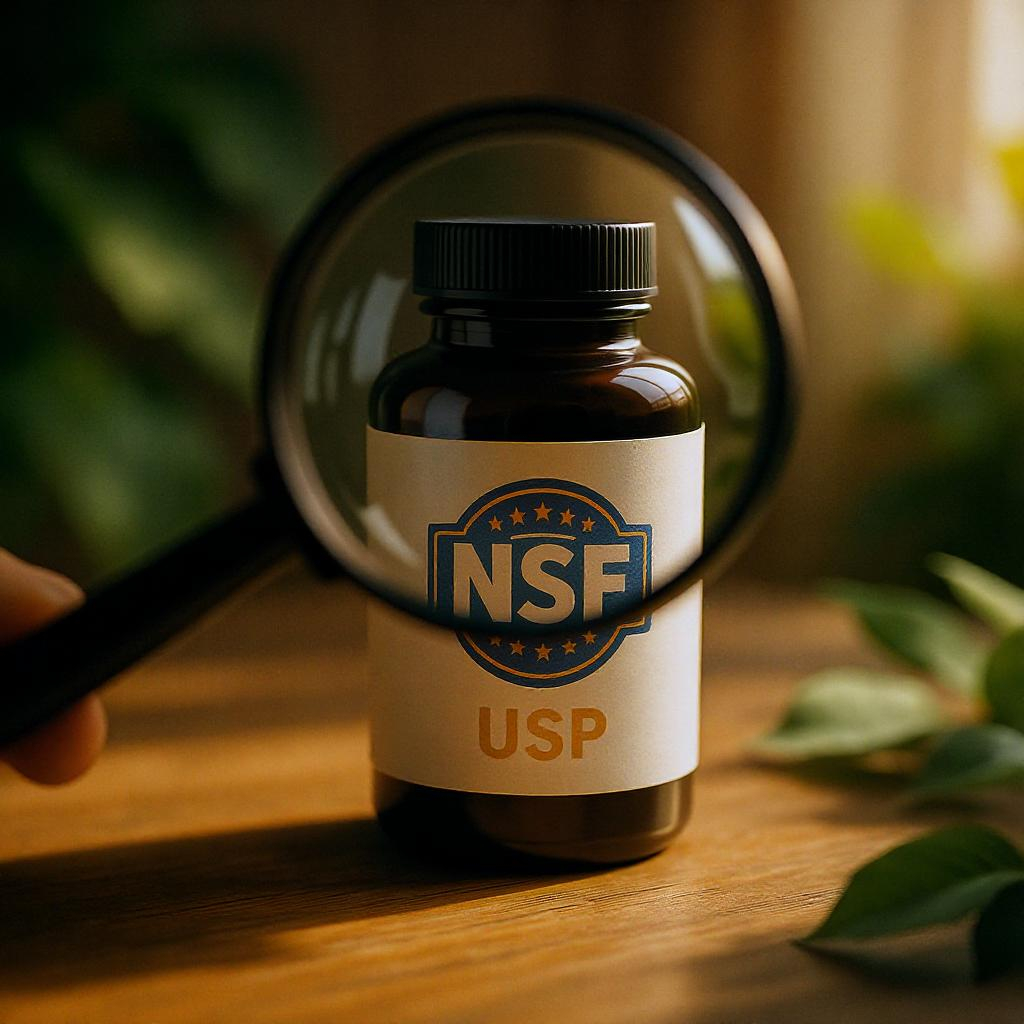 A magnifying glass over a supplement bottle label, showing third-party certification seals like NSF and USP.