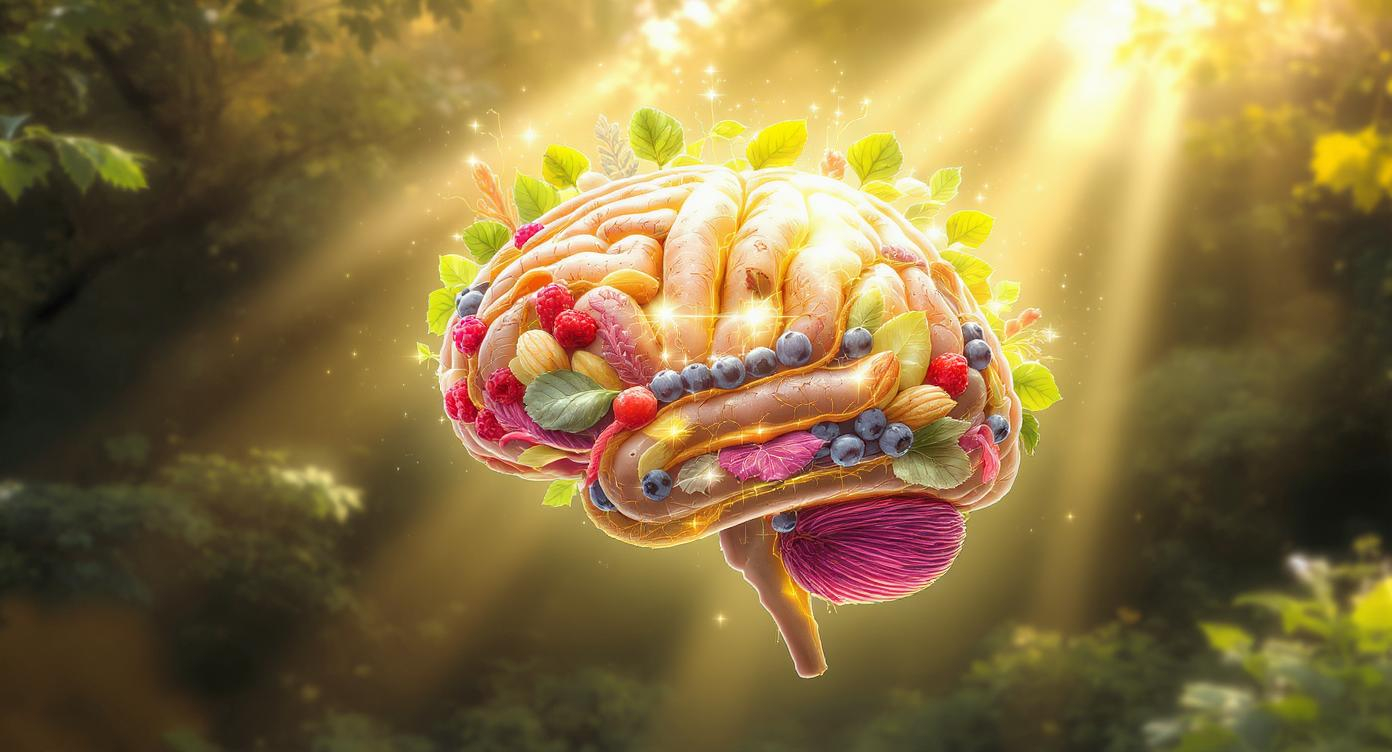 A stylized image showing a connection between a healthy brain and nutritious foods.