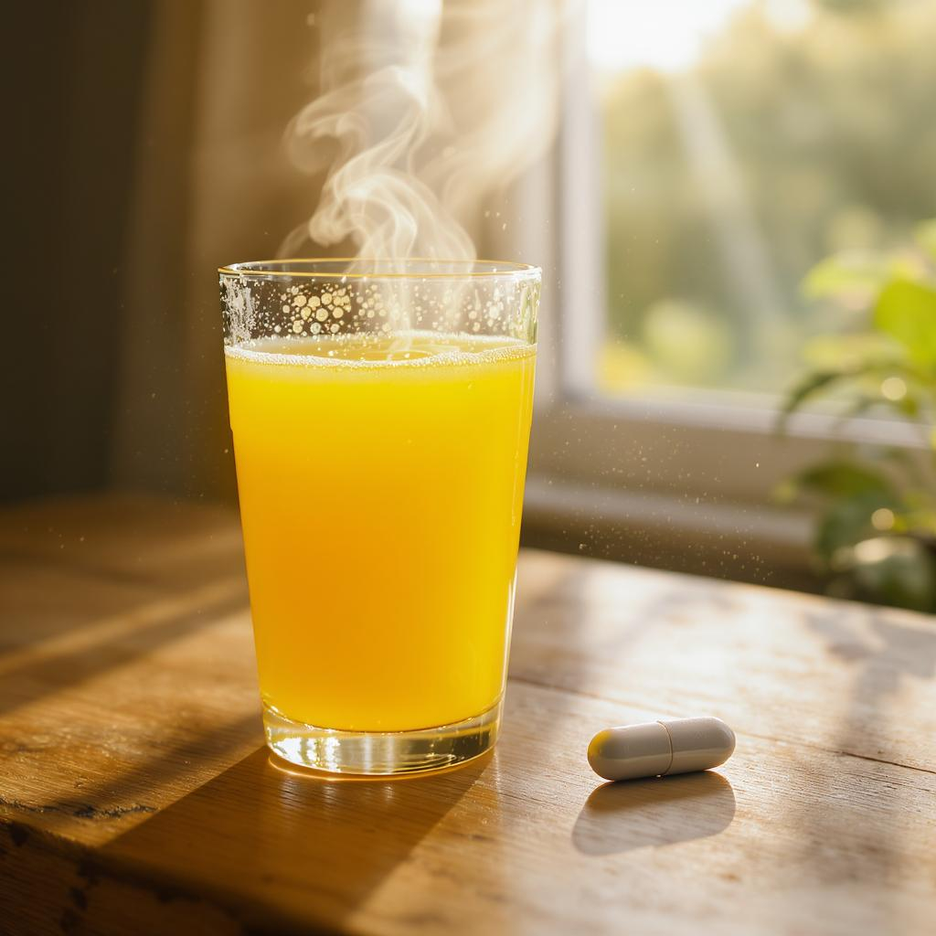 A glass of fresh orange juice next to an iron supplement capsule, illustrating nutrient synergy.