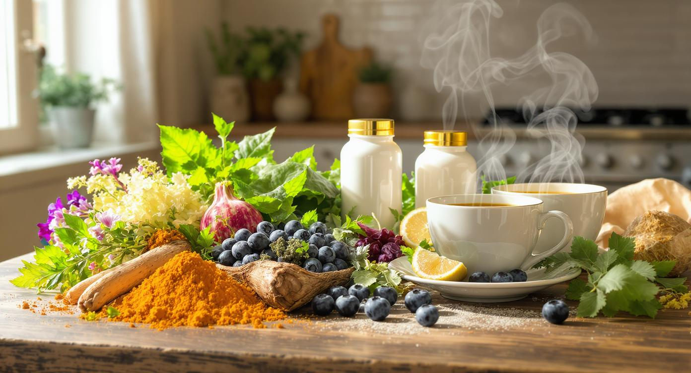 A vibrant arrangement of superfoods like turmeric, berries, and greens alongside supplement bottles.