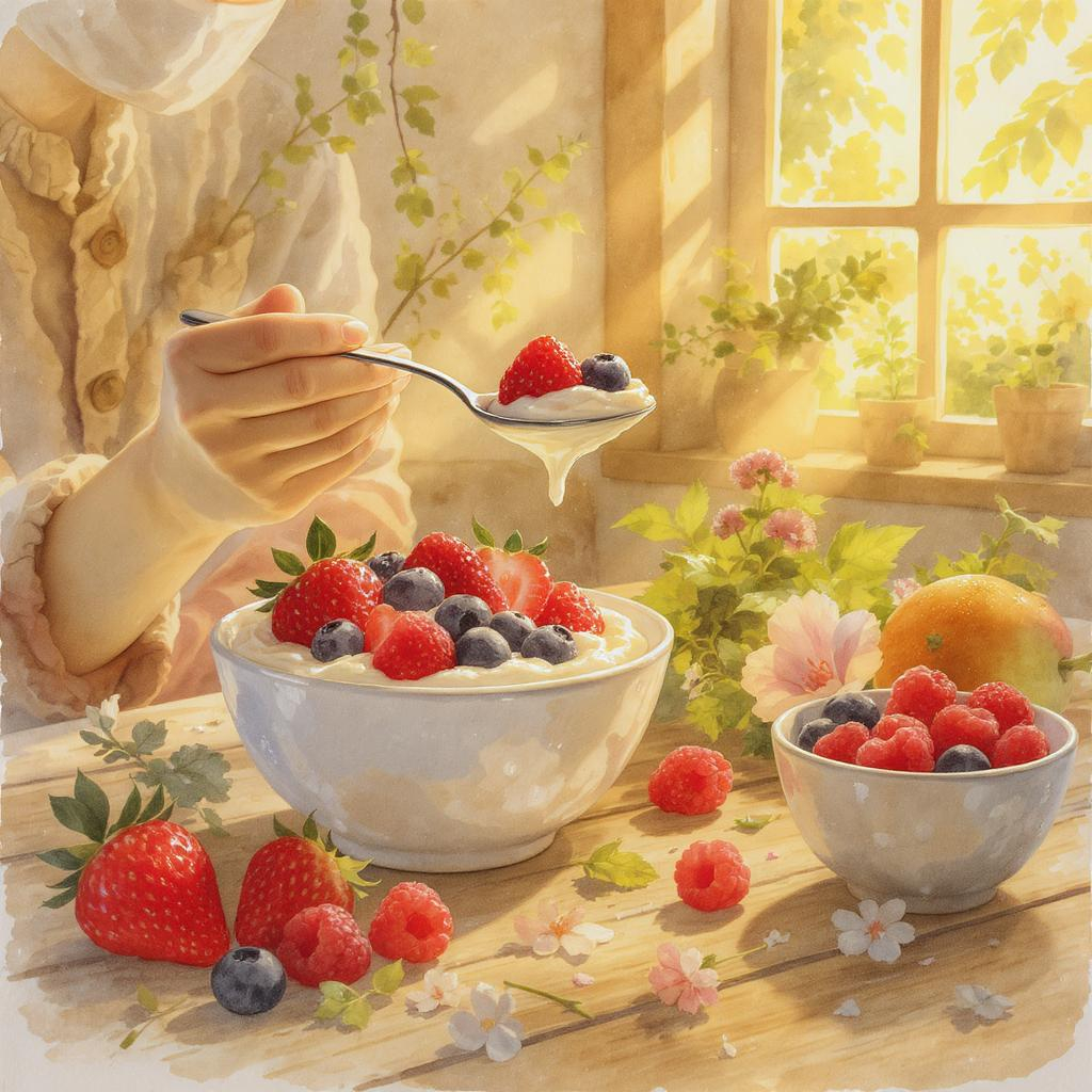 A person holding a spoonful of yogurt with fresh berries, representing probiotics and gut health.