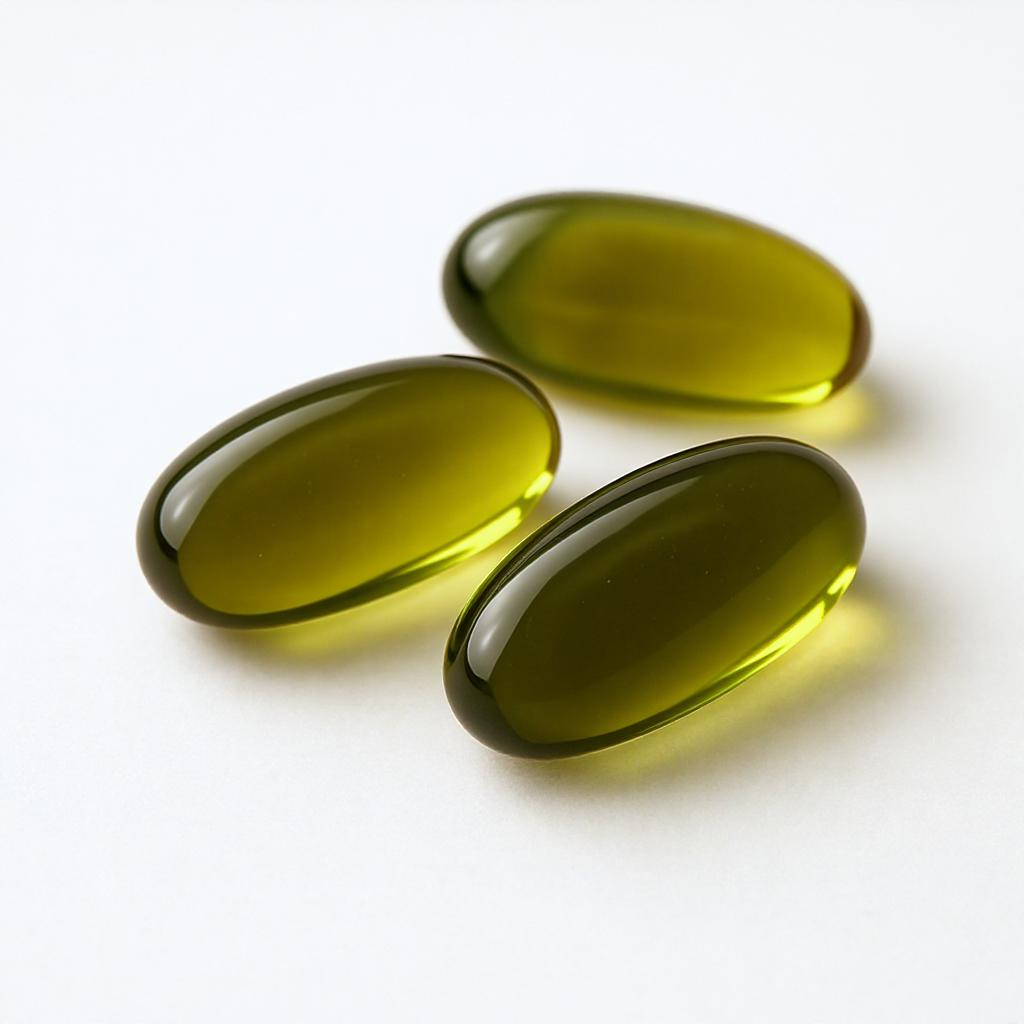 Transparent softgel capsules of vegan algae oil, a source of EPA and DHA.