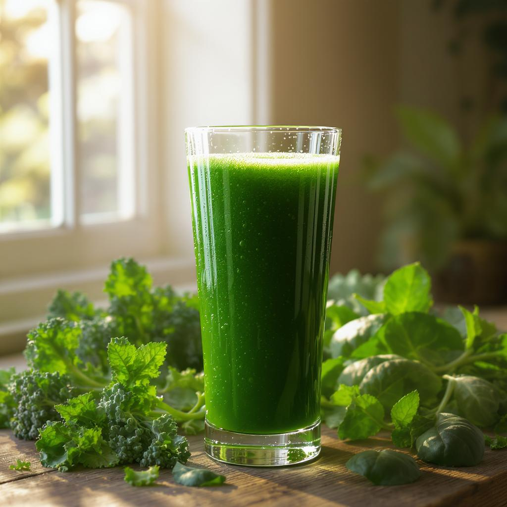 A glass of vibrant green juice made from a greens powder supplement.