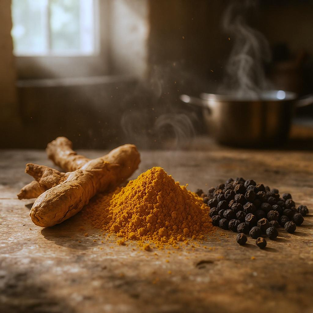 Turmeric root and powder next to black peppercorns, illustrating the synergy of curcumin and piperine.